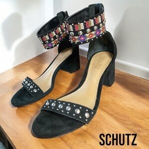 SCHUTZ-size 8.5 Naharis Heel, black suede, embroidered/beaded, back zip. EUC!